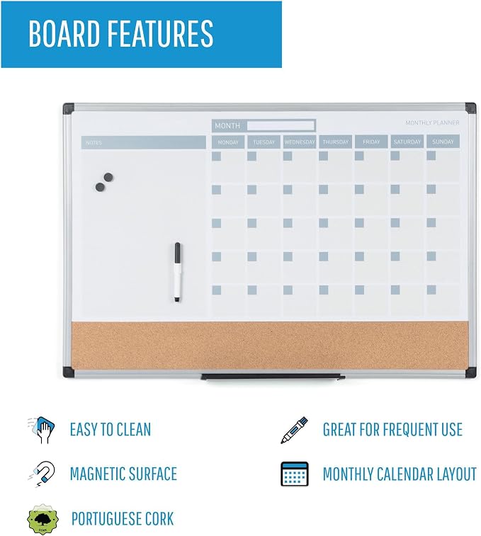 MasterVision Magnetic Dry Erase Monthly Calendar Planner Push Pin Corkboard - Image 3