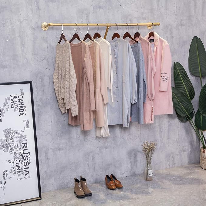 Industrial Pipe Wall Mounted Clothes Hanging Shelves System, Metal Clothing - Image 3