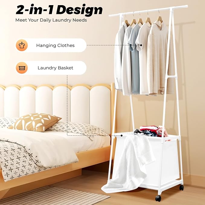 Laundry Cart with Clothes Rack Laundry Basket with Hanging Rack Clothing Rack - Image 3