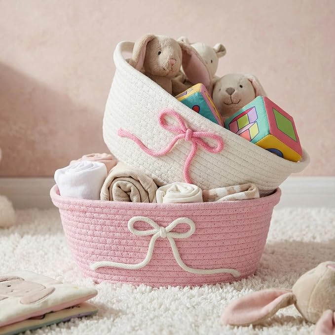 2 Pcs Pink Bow Storage Baskets Woven Cotton Rope Laundry Hamper - Image 6