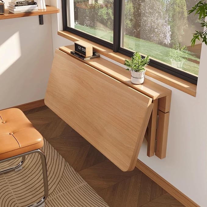 Wall-Mounted Folding Drop-Leaf Table Wood Floating Shelf Computer Desk by Bcofo