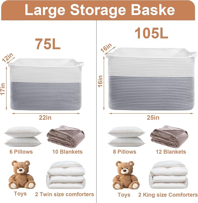 75L Large Blanket Basket, Rectangular Cotton Rope Basket, Laundry Hamper - Image 2