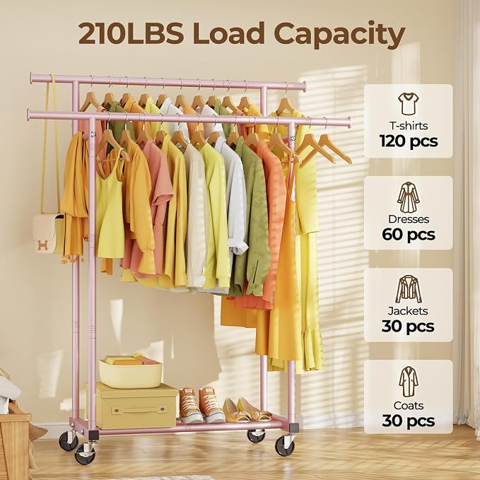 Double Rods Clothes Rack, Sturdy Rolling Clothing Rack, Portable Clothing Racks - Image 2