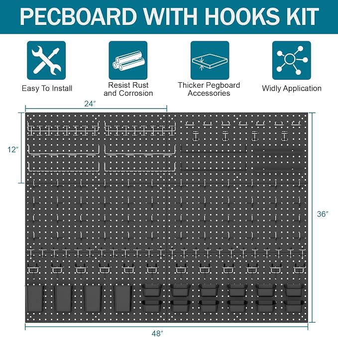 Metal Peg Board Kit with 1/4" Pegboard Accessories, 6 Pack 12"X24" Pegboard and - Image 7