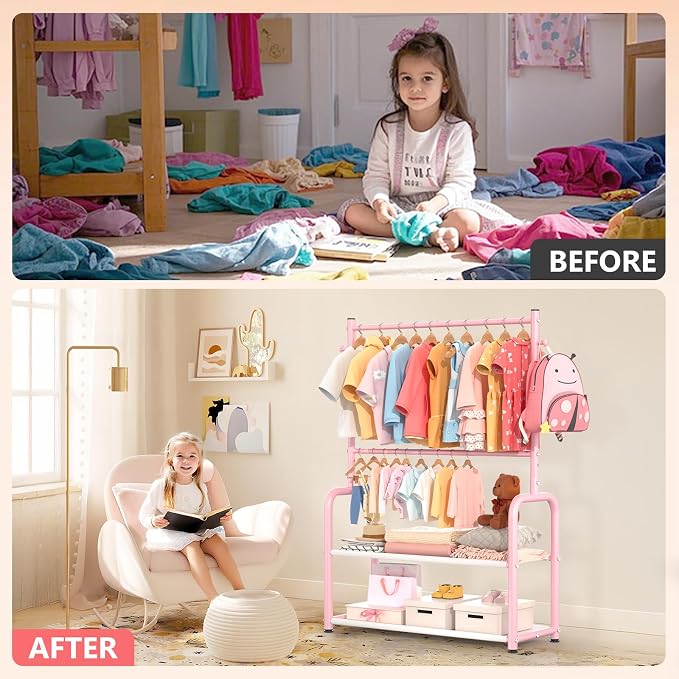 Kids Clothing Rack with 2-Layer Storage Shelf and 2 Adjustable Hanging Rods - Image 7