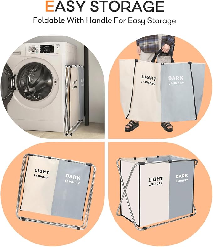 Laundry Cloth Hamper Sorter Basket Bin Foldable 2 Sections - Image 5