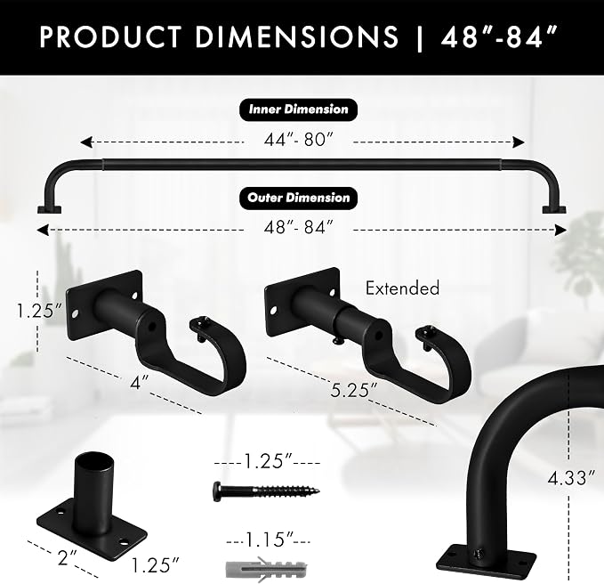 Meriville 1-Inch Diameter Wrap Around Blackout Curtain Rod, 48-Inch to 84-Inch - Image 2