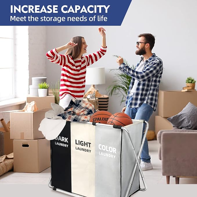 135L Laundry Cloth Hamper Sorter Basket Bin Foldable 3 Sections - Image 4