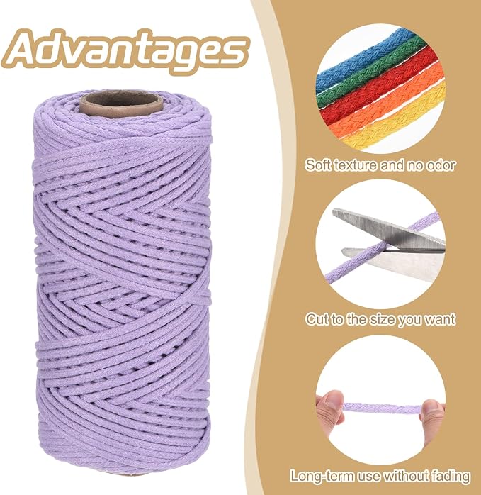 Rebower Macrame Cord 4mm x 109 Yard, Natural Cotton Macrame Rope Twisted - Image 3