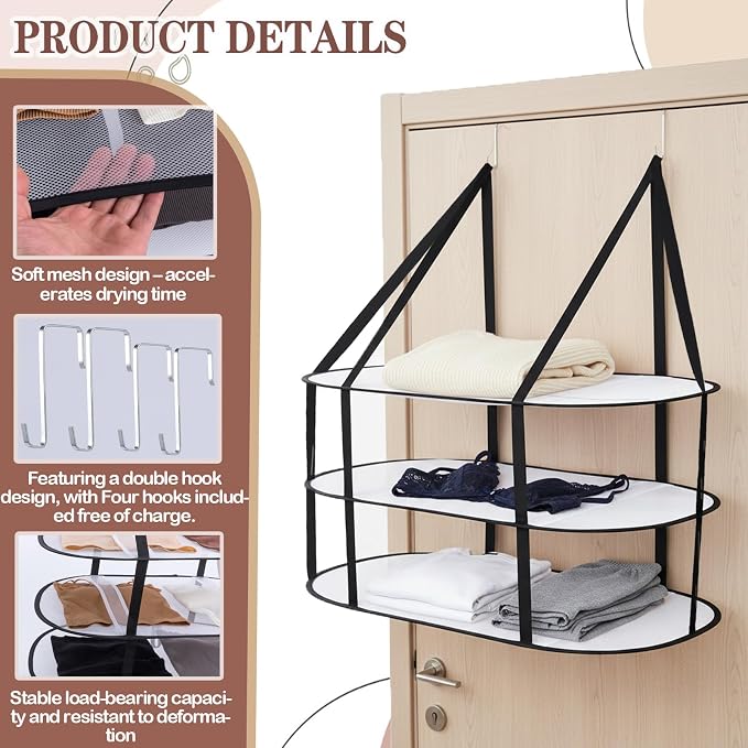 CINPIUK 3-Tier Sweater Drying Rack Over The Door, Foldable Mesh Hanging Dryer - Image 5