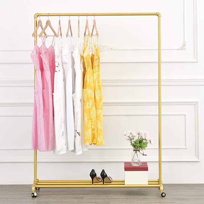 BOSURU Rolling Gold Clothing Racks on Wheels, Retail Display Industrial Pipe - Image 2