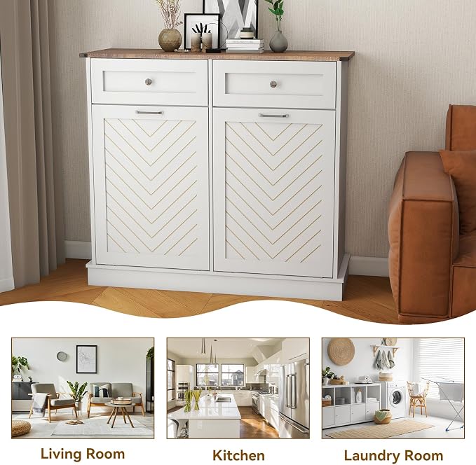 YOURLITE Double Tilt-Out Laundry Hamper Cabinet, 20 Gallon Herringbone Trash - Image 3