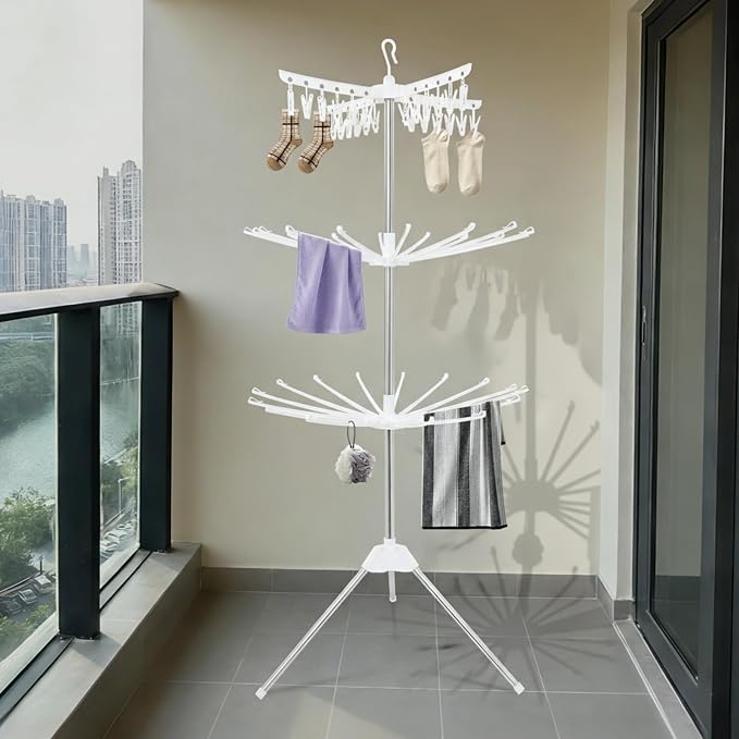 3-Tier Foldable Clothes Drying Rack, Rotating Clothing Rack w/Three-Legged Base - Image 7