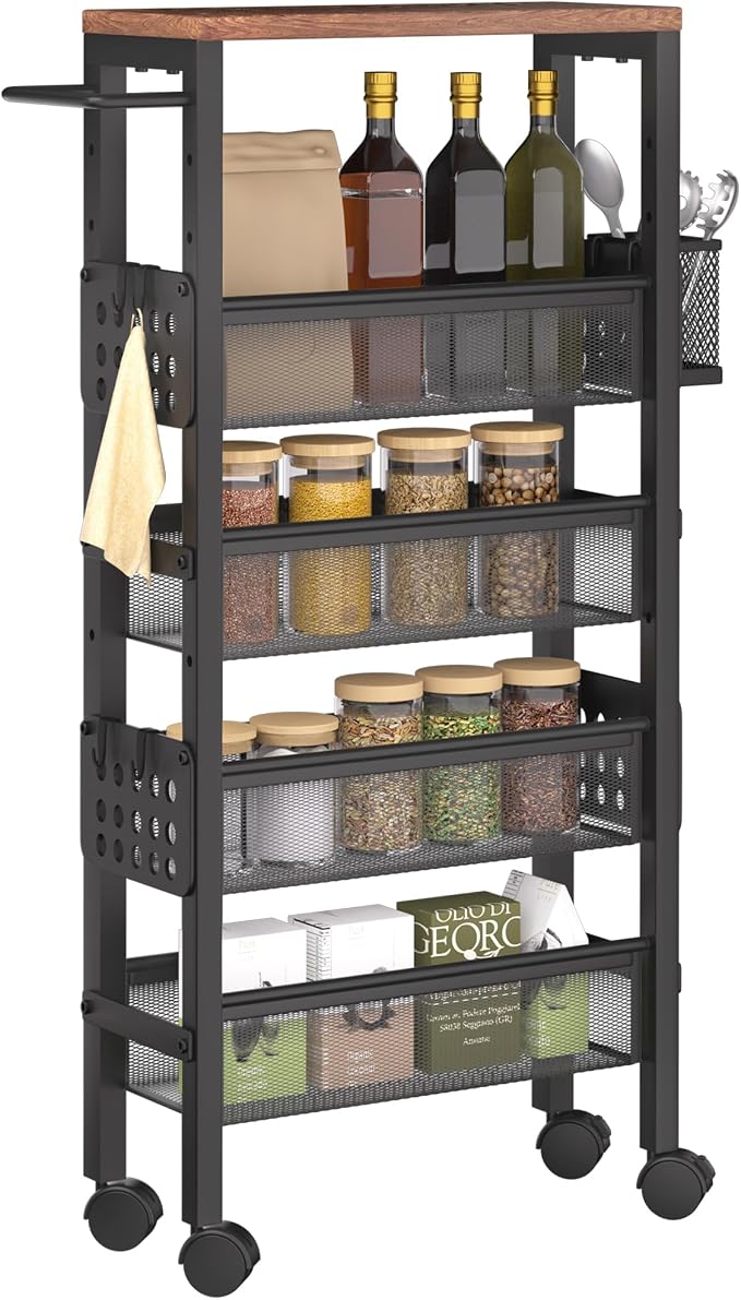 TORIBIO Slim Storage Cart, 5 Tier Narrow Kitchen Rolling Cart by TORIBIO