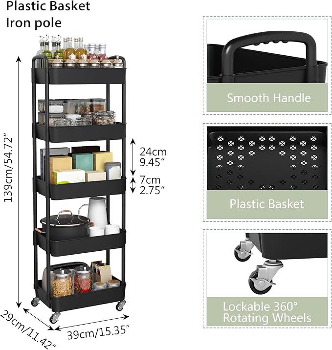 Sywhitta 5-Tier Plastic Rolling Utility Cart - Image 3