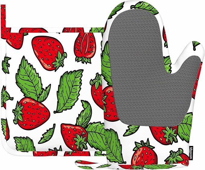 Mxocom Strawberry Pattern Silicone Oven Mitts and Pot Holders Sets Red by Mxocom