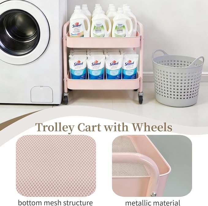 2 Tier Pink Rolling Cart with Wheels - Image 8