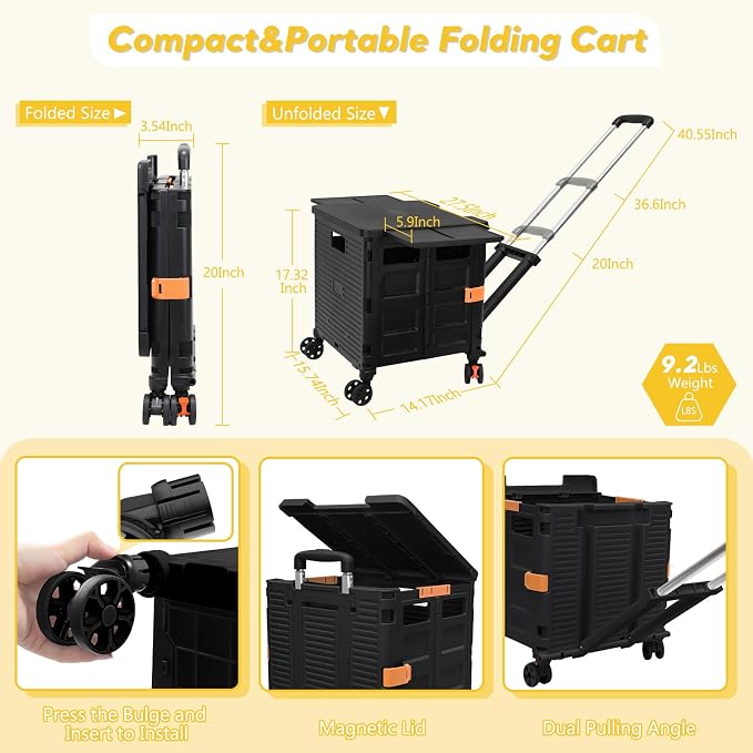 FELICON SELORSS Folding Utility Cart Rolling Crate Tote Basket Box Storage - Image 6