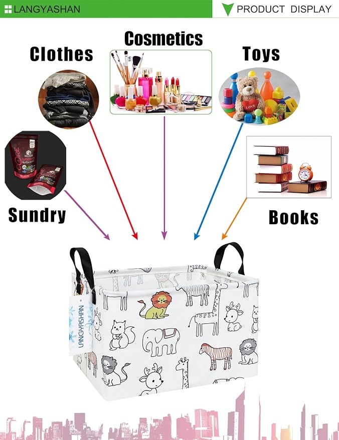 LANGYASHAN Rectangular Storage Bin Collapse Canvas Fabric Cartoon Storage Basket - Image 3