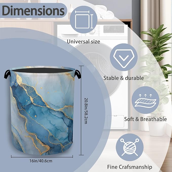 Blue Gold Marble Laundry Basket, Foldable - Image 2