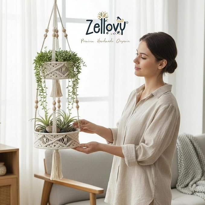 2 Tier Hanging Basket, Macrame Hanging Basket - Image 2
