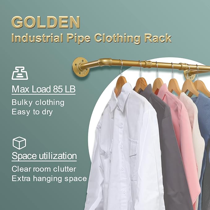 Industrial Gold Pipe Clothing Rack, Wall Ceiling Mounted Clothes Garment Rack - Image 2