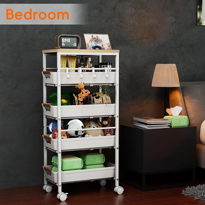 5-Tier Kitchen Storage Cart, Wood Top Rolling Cart Organizer - Image 7