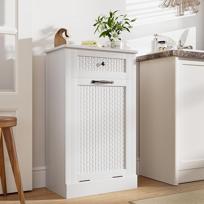 Tilt Out Laundry Hamper Cabinet, Rattan-Style Laundry Room Organization - Image 9