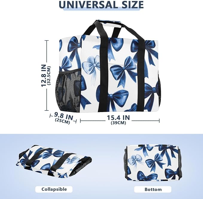 Navy Blue Velvet Bows Reusable Grocery Bags, Polyester Extra Large Foldable - Image 5