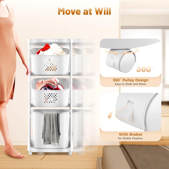 3 Tier Laundry Baskets, Laundry Hamper Cart - Image 2