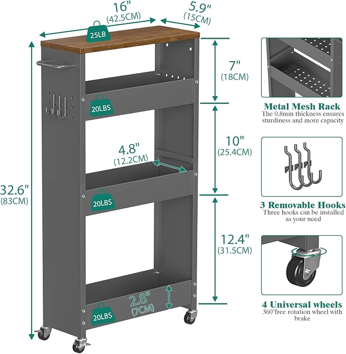 Slim Storage Cart, 4-Tier Kitchen Rolling Cart Narrow Storage Cabinet - Image 5