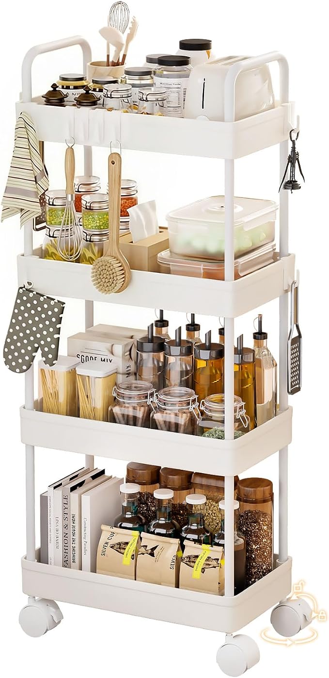 Homde Slim Rolling Cart for Kitchen: 4-Tier Space-Saving Narrow Floor Organizer by Homde