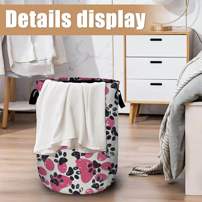 Pink Paw Print Laundry Basket, Foldable Waterproof Laundry Hamper Tote Bag - Image 6