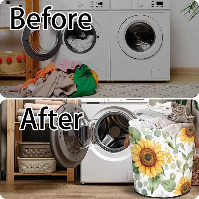 Sunflowers White Laundry Hamper Waterproof Collapsible Basket - Image 5