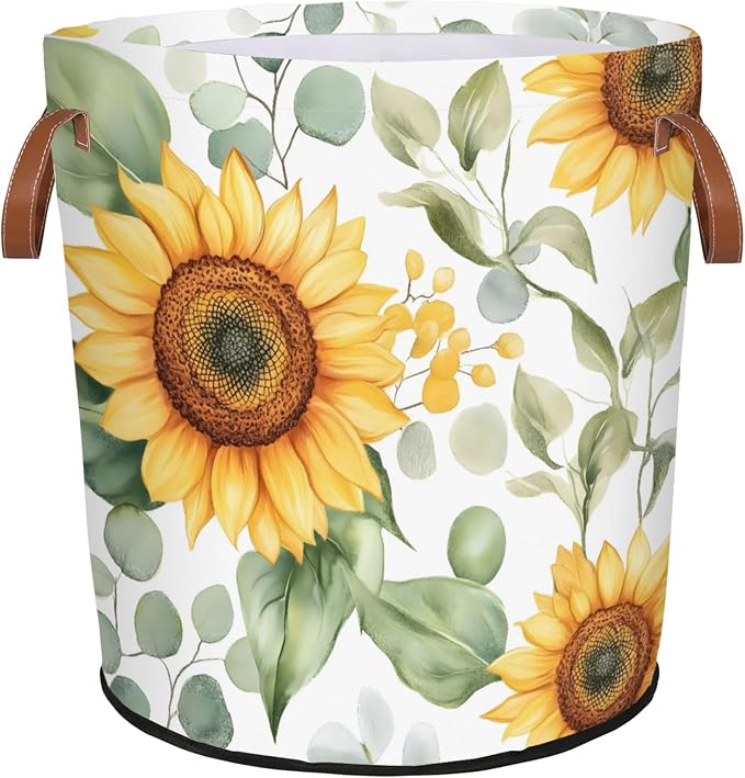 Sunflowers White Laundry Hamper Waterproof Collapsible Basket by Mozaigos
