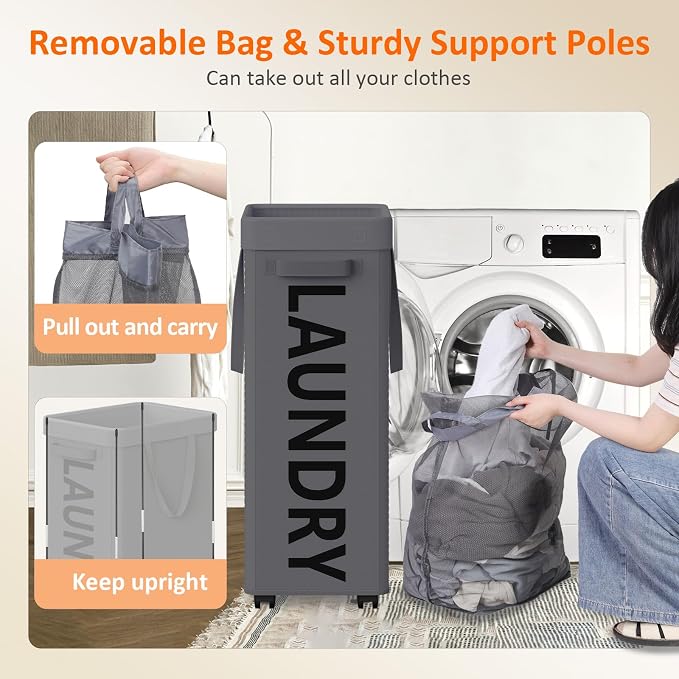 Laundry Basket with Wheels, 90L Rolling Laundry Hamper with Wheels, Large - Image 6