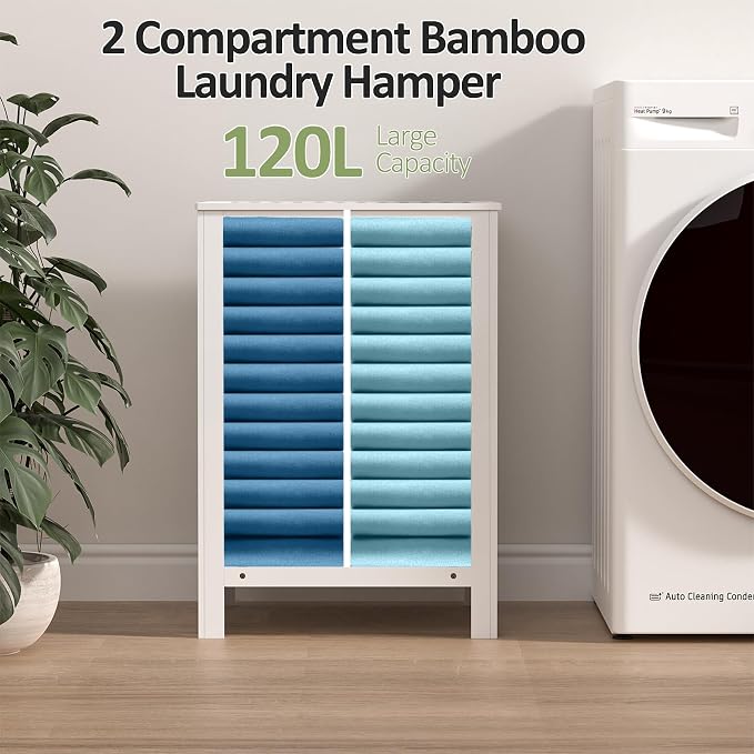 Bamboo Laundry Hamper with Lid, 120L Large Double Laundry Basket with Removable - Image 6
