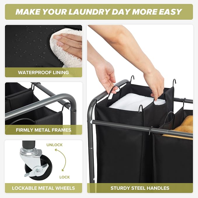 Laundry Sorter Hamper with Wheels, Heavy-Duty Laundry Sorter Rolling Cart - Image 5