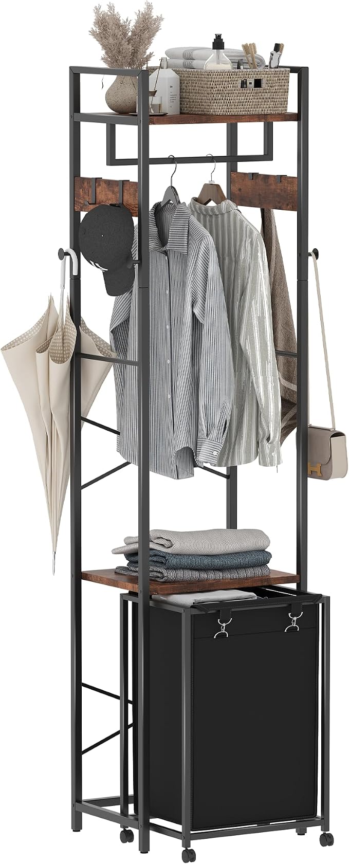 Coat Rack with Laundry Basket, Laundry Hamper Freestanding Hall Tree, Clothes by Yifeel