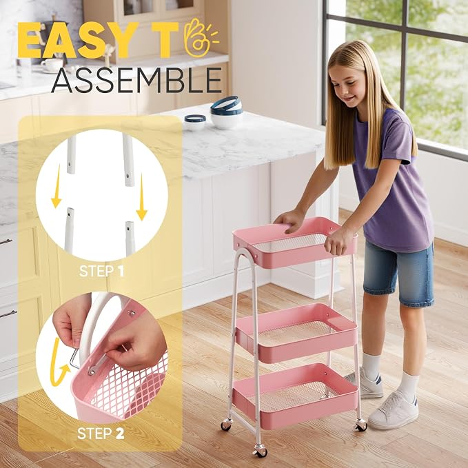 Sekey 3 Tier Rolling Cart Metal, Easy Install Utility Cart on Wheels, Heavy - Image 3