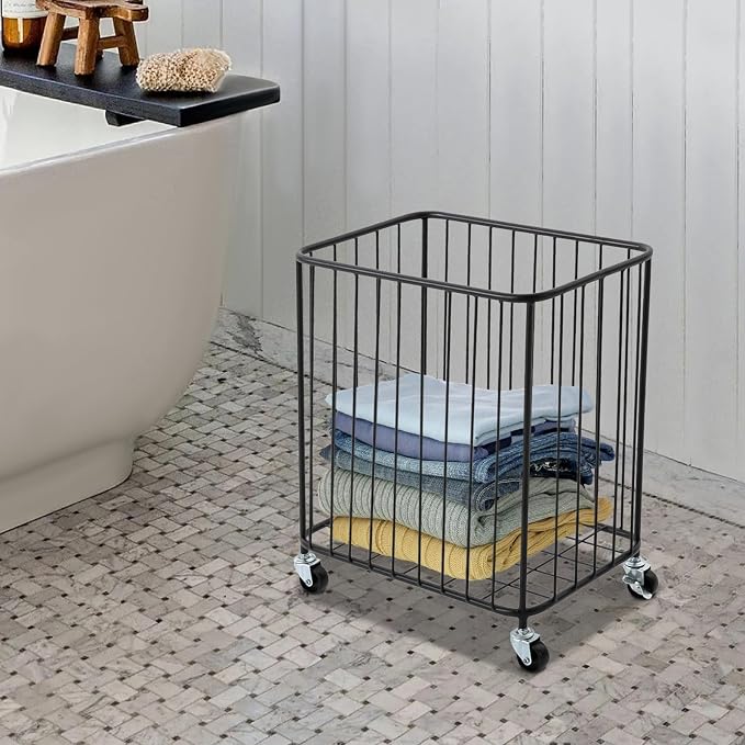 Laundry Basket with Wheels, Metal Railing Storage Cart with Handles, Rolling - Image 4