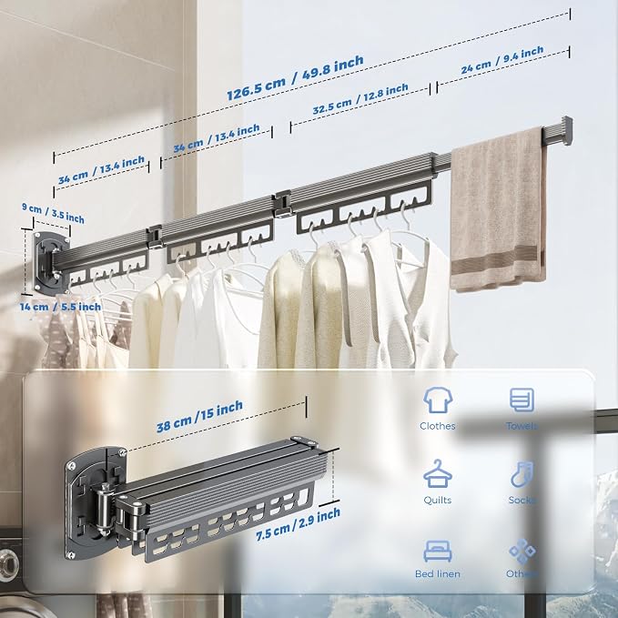 Clothes Drying Rack Wall Mounted, Expandable Drying Rack Clothing, Laundry - Image 7
