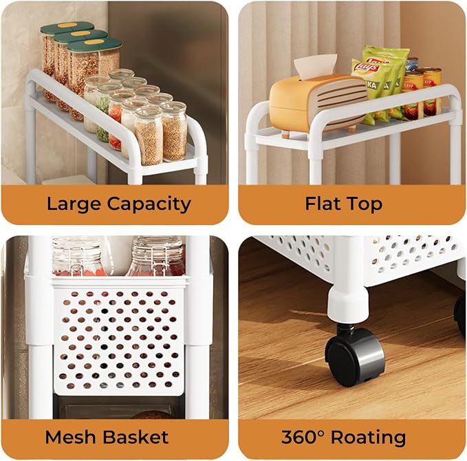 Slim Rolling Storage Cart for Small Space, 4 Tier White Utility Cart Shelves - Image 4