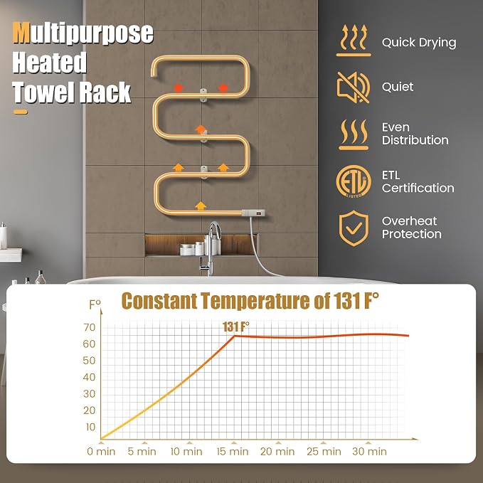 COSTWAY Heated Towel Warmer, Freestanding & Wall-Mounted 5-Bar Drying Rack - Image 4