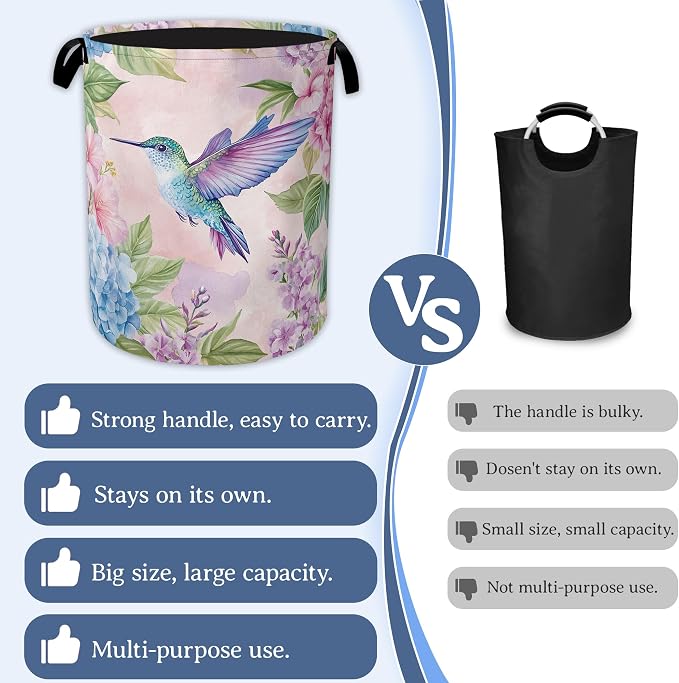 Hummingbird Laundry Basket, Foldable Oxford Cloth Pink Flower Laundry Hamper - Image 3