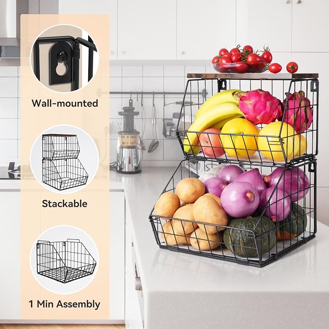 2 Tier Stackable Wall Mounted Hanging Basket, Fruit Basket - Image 3