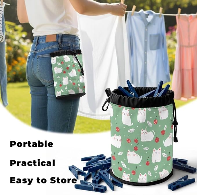 Cat Cherry Clothespin Bag with Hooks Hanging Clothes Pin Bag with Drawstring - Image 5