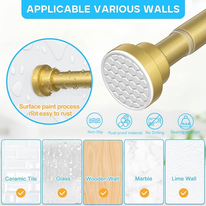 1 Pack Gold Spring Tension Curtain Rod 30-64 Inches, 7/8" inch Adjustable - Image 3