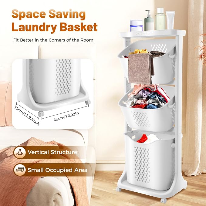 Rolling Laundry Hamper Storage Sorter, 3 Tier Rolling Laundry Hamper Cart White - Image 2