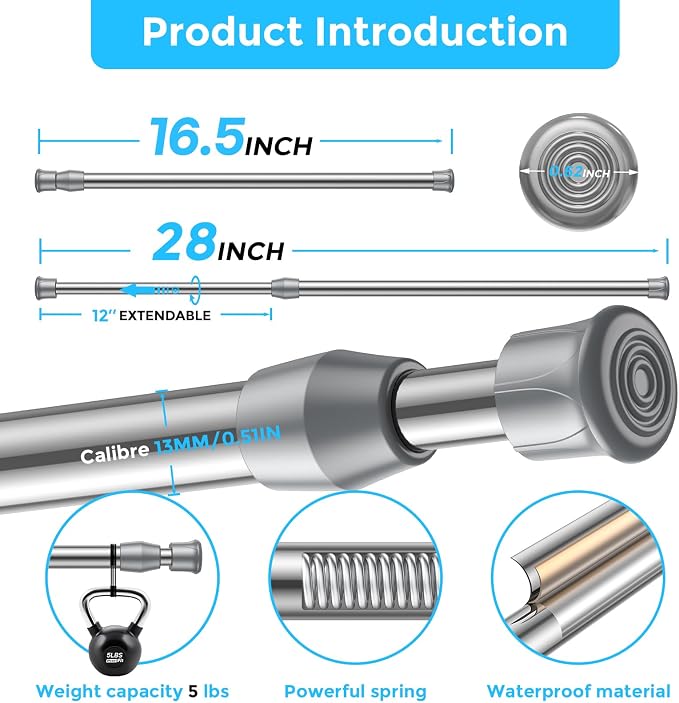 AIZESI 4PCS Silver Tension Rod 17 to 28 Inch, Adjustable Spring Curtain Rods No - Image 3